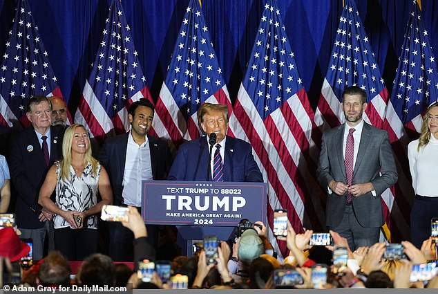 President Donald Trump at his victory party on night one, where he railed against Nikki Haley for staying in the presidential race