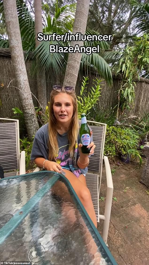 First up was surfer Blaze Angel Roberts (pictured), who admitted that she doesn't drink alcohol but took part in the experiment with a bottle of Peroni beer without alcohol.  However, she was unimpressed by the offer, took a sip and said, 