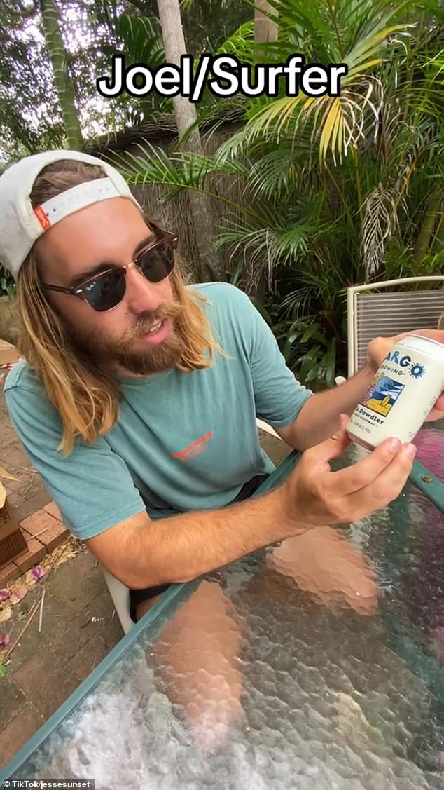 Blaze's friend, surfer Joel Herbert (pictured), chose the The Dawdler Low Carb Lager, explaining it was a beer company owned by Sydney band Lime Cordiale.  'Quite good.  Very bigger-y.  It's definitely a bigger one.  It's very good.  Give it seven or eight out of ten,” he said