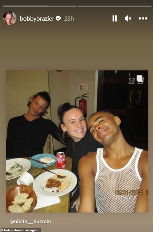 Also on Tuesday, pro dancer Nikita Kuzmin posted a photo of Bobby and Ellie dining backstage with Layton Williams on a night on tour