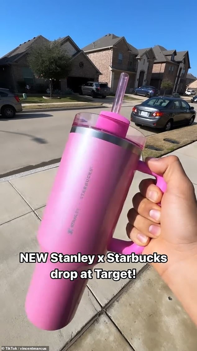 Catherine Carter is one of seven Target employees fired this month for purchasing the exclusive Starbucks x Stanley Cup, which costs $49.95.  Pictured: An image of a pink Stanley cup from a viral video