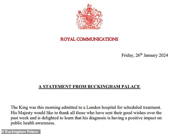 A statement from Buckingham Palace was issued today regarding Charles' admission to hospital