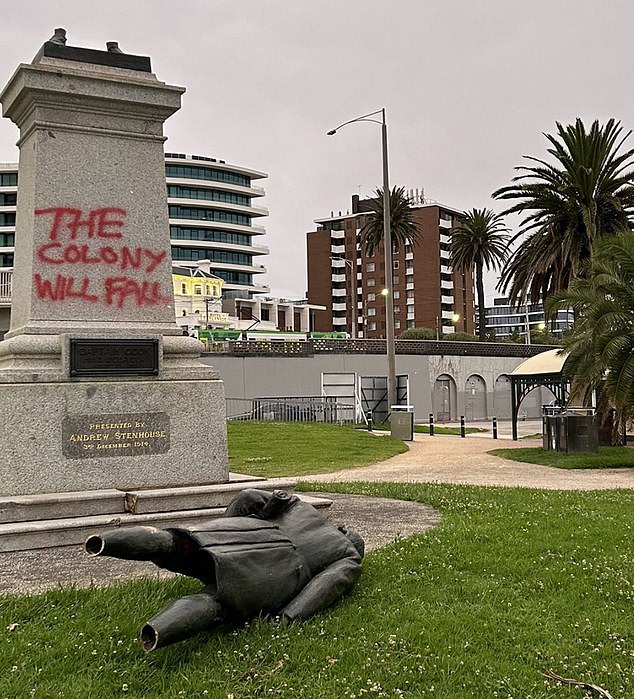 Workers discovered the felled statue of Captain Cook (photo) the next morning.