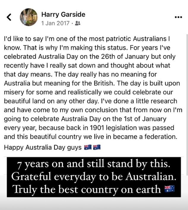 “I'd like to say I'm one of the most patriotic Australians I know.  That's why I'm creating this status.  For years I've celebrated Australia Day on January 26, but it's only recently that I've really sat down and thought about what that day means,” he wrote.