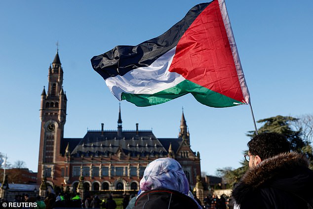 Protesters hold a Palestinian flag as they gather outside the International Court of Justice (ICJ) as judges decide emergency measures against Israel