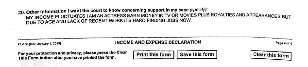 In documents, Evans admits: 'My income fluctuates, I am an actress, earn money from TV or films, plus royalties and appearances, but due to my age and lack of recent work it is now difficult to find a job'