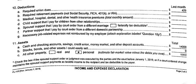 Documents show Evans' total expenses are $15,310, including $6.5k in rent, $3k in utilities and $2.5k in groceries.  She claims to have $14,000 in savings