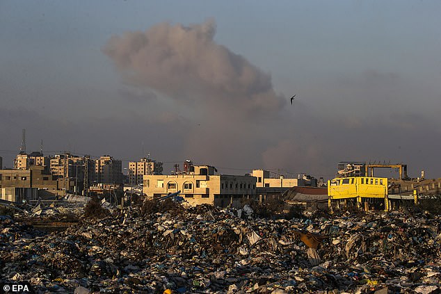 Smoke rises after Israeli airstrike on Al Bureije refugee camp during Israeli military operation in southern Gaza Strip