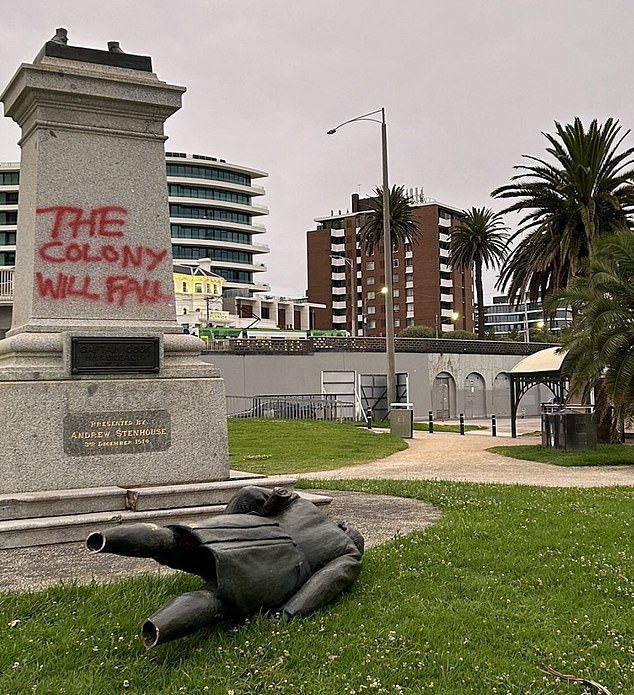 Workers discovered the felled statue of Captain Cook (photo) the next morning.