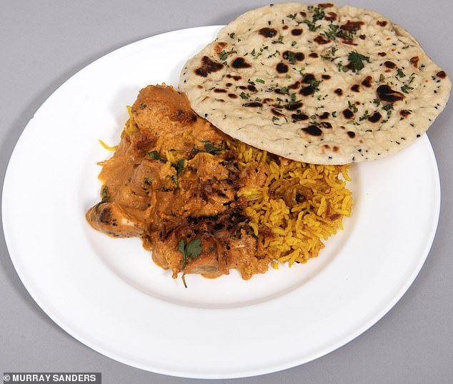 His own recipe: charcoal-grilled corn chicken tikka masala served with rice and naan (£15)