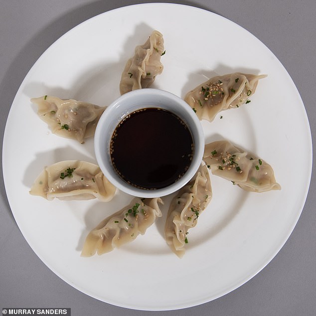 A portion of Iberico pork and Atlantic prawn gyozak noodles with a sesame soy dip (£10)