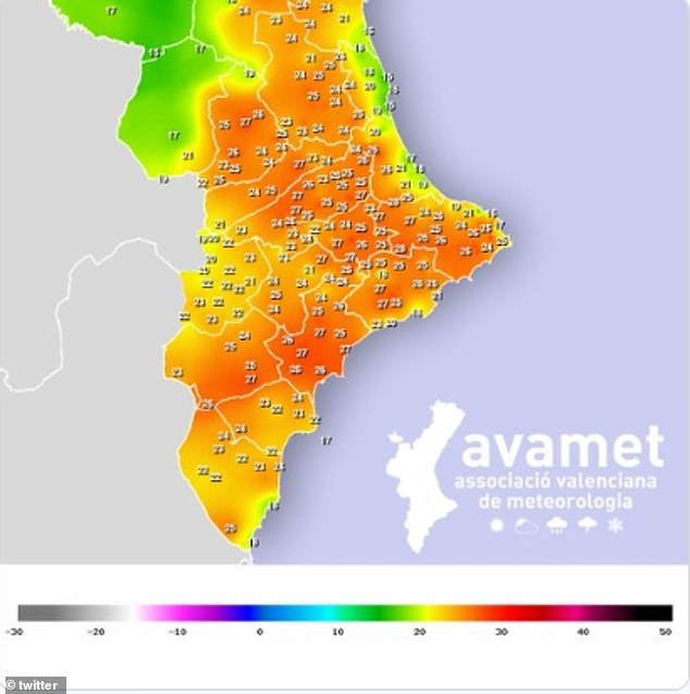 The Valencian Society of Meteorology posted a map of temperatures in the region on Thursday