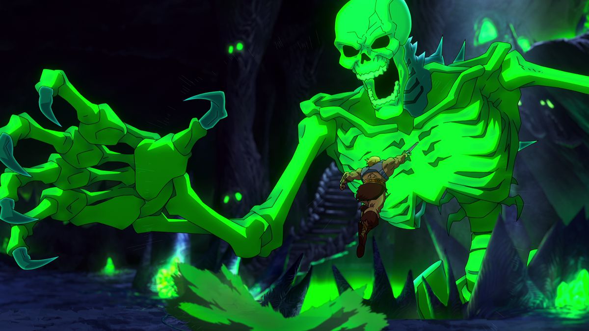 He-Man attacks a huge green skeleton in Masters of the Universe: Revolution