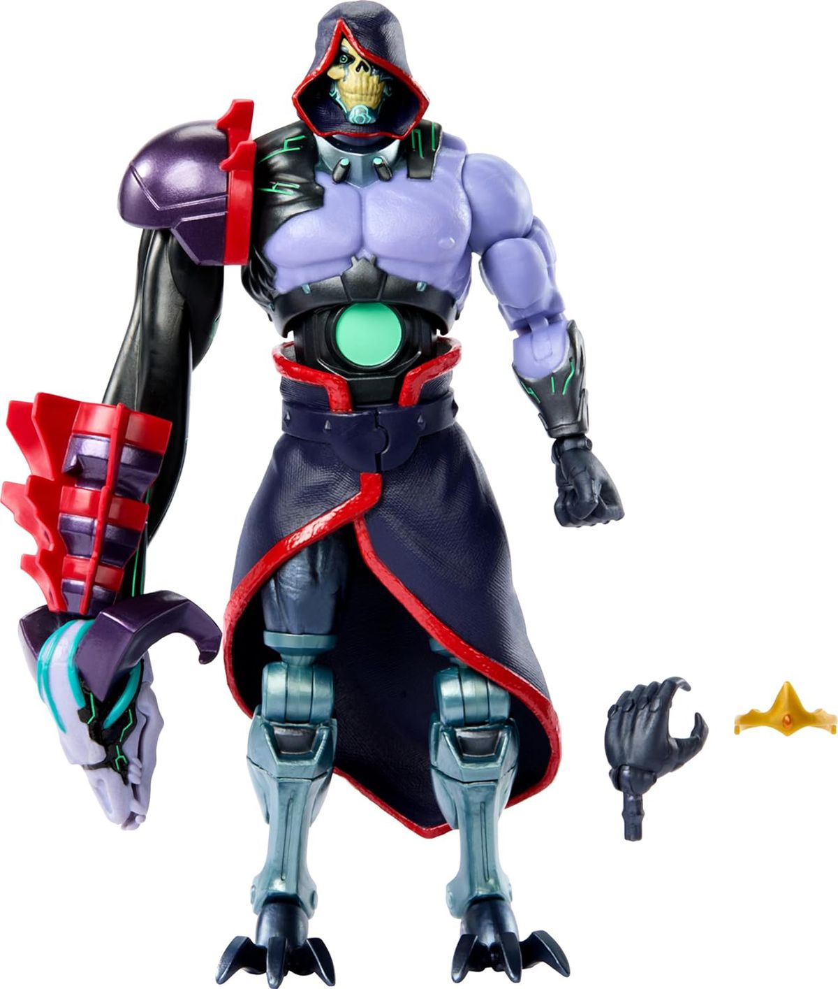 Product image of a cyborg Skeletor action figure with robotic legs and a ram's main arm