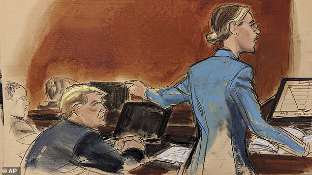 Donald Trump watches as his lawyer Alina Habba gets into a heated argument with Judge Lewis Kaplan as she delivers closing arguments in court in Manhattan.