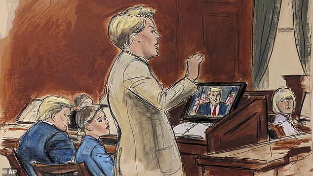 In this courtroom sketch, Roberta Kaplan, attorney for E. Jean Carroll, gives her brief to the jury in Manhattan federal court as former President Donald Trump, far left, and E. Jean Carroll, far right, listen.