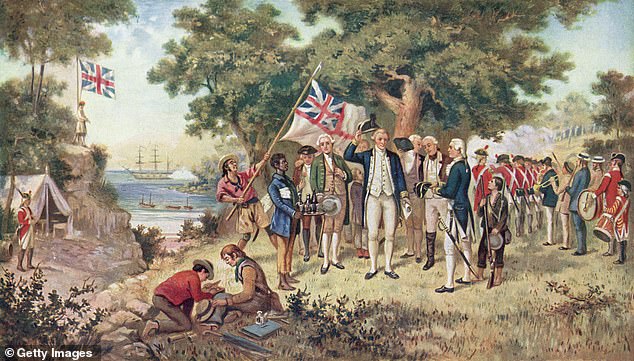 A print of a painting showing Captain James Cook (1728 - 1779) taking possession of New South Wales