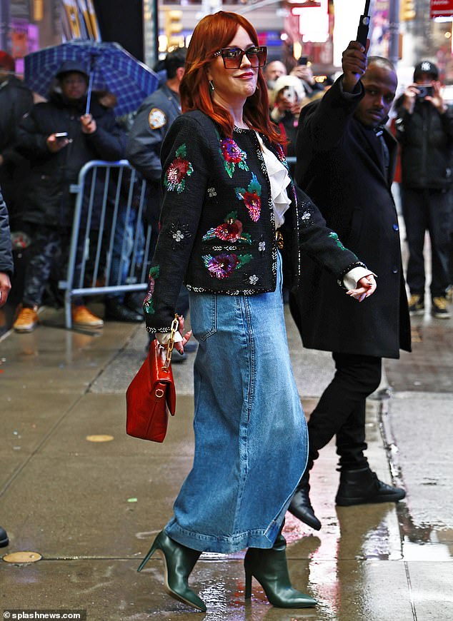 The star of The Breakfast Club – who recently premiered Feud: Capote vs.  The Swans attended – was first seen in a fluffy white coat which she later took off to reveal a vibrant floral blouse