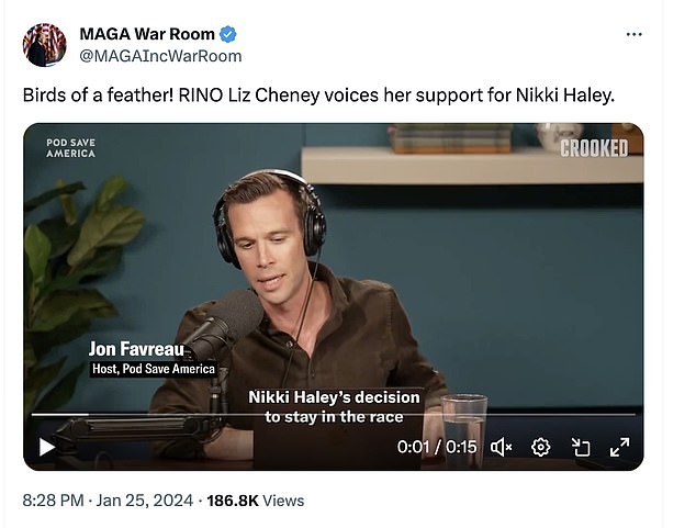 Trump's @MAGAIncWarRoom Twitter account flagged the interview Friday morning.  'Birds of a feather!  RINO Liz Cheney expresses her support for Nikki Haley,” the X post said