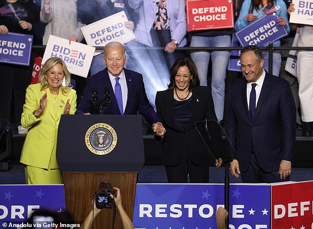 First Lady Jill Biden, President Joe Biden, Vice President Kamala Harris and Second Gentleman Doug Emhoff attend the Campaign Rally for Reproductive Freedom at George Mason University in Manassas, Virginia