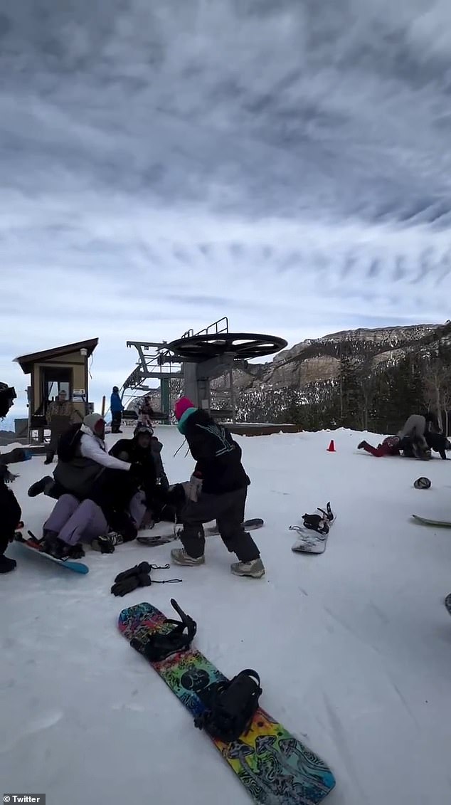 The clash broke out when the snowboarders blocked the chairlift exit, causing other riders behind them to fall and pull off their snowboards.