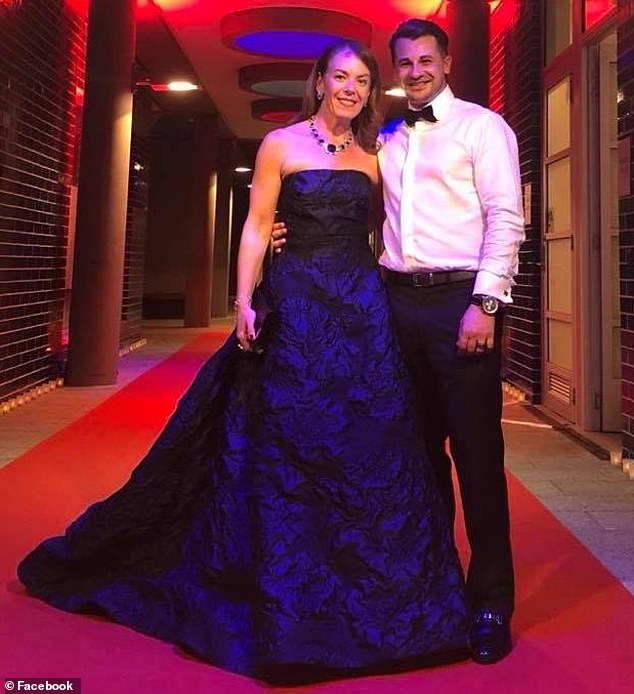 Conwoman Melissa Caddick wears an iconic Oscar De La Renta ball gown and Canturi necklace at a social event with her husband Anthony Koletti