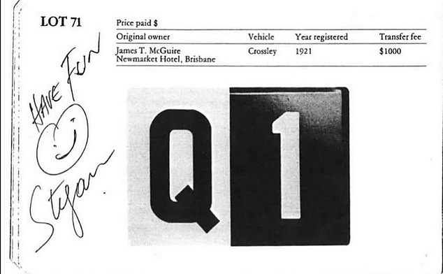 The Q1 plate was first issued in 1921 and was purchased by James Thomas McGuire before being sold 64 years later (pictured) to Mr Ackerie