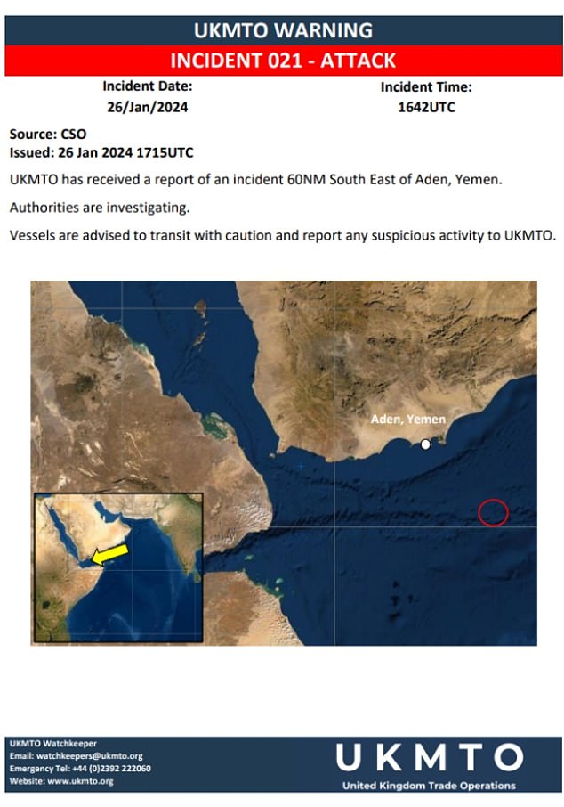 UK Maritime Trade Operations, a Royal Navy initiative that monitors maritime traffic in the Middle East, says the incident took place in the Gulf of Aden