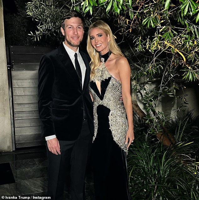 Ivanka wore a vintage Roberto Cavalli black and gold beaded dress for the night out, while Jared opted for a velvet suit