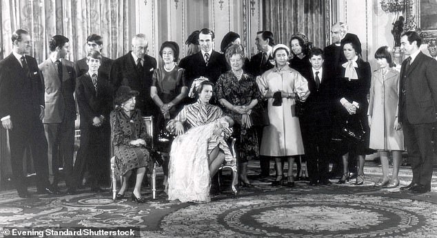 A group portrait on the occasion of the baptism of Peter Phillips in December 1977. Prince Charles, who was asked to be godfather, is second from the left