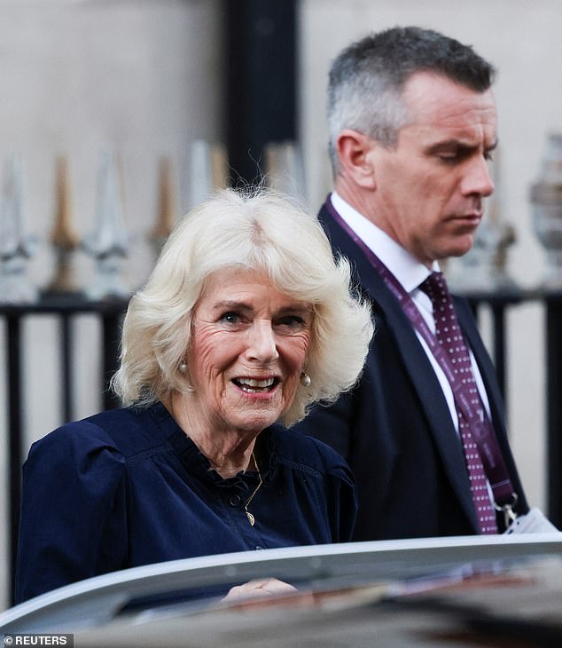 FRIDAY 3pm: Queen Camilla smiles as she walks out of the London Clinic on Friday afternoon