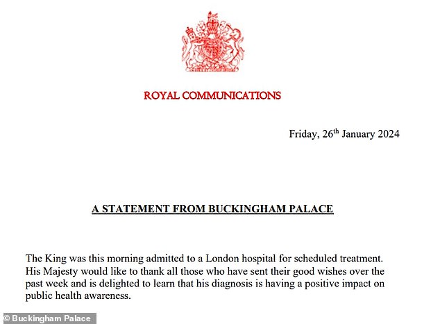 Friday 9.30am: A statement from Buckingham Palace on Charles' admission to hospital