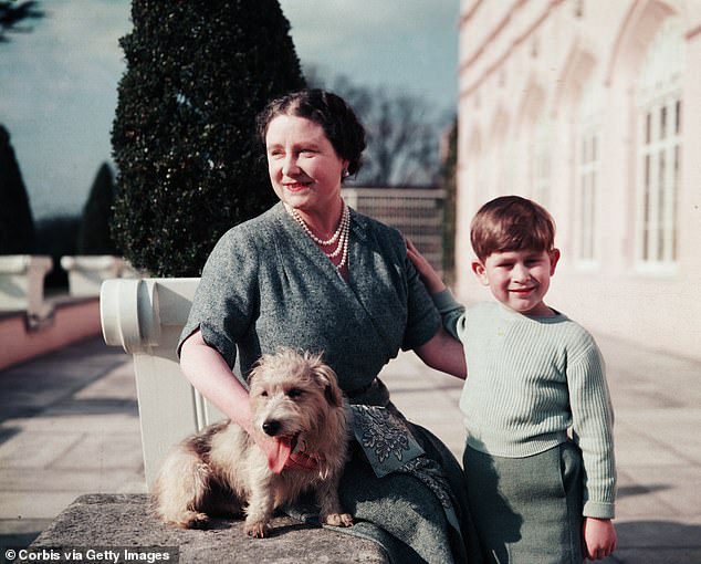 Prince Charles as a little boy with his grandmother, the Queen Mother, and a little dog named Pippin