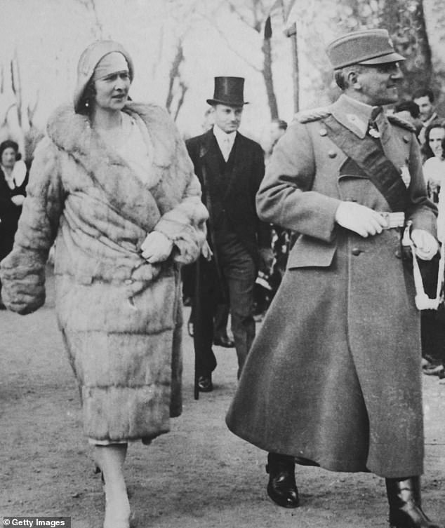 Queen Maria of Yugoslavia attends the unveiling of a sculpture in tribute to France by sculptor Ivan Rostrovitsch on Armistice Day in Belgrade