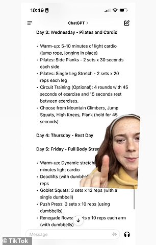 “This is what it spits out,” she said, pointing to the weekly training plan that ChatGPT generated for her based on her request