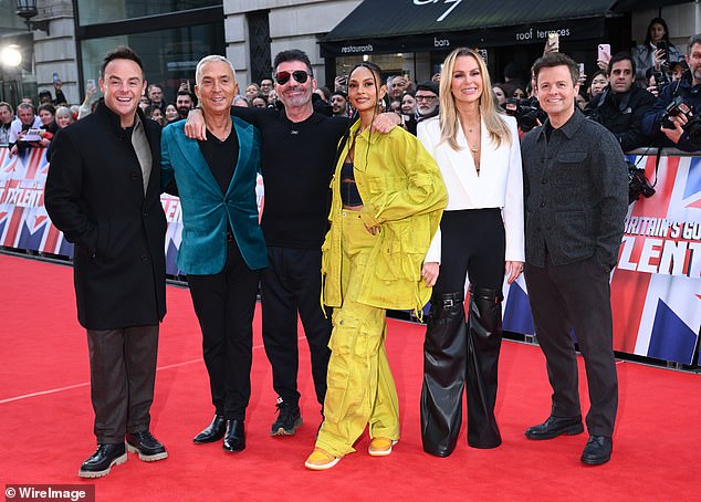 Each judge, including Ant & Dec on the sidelines, will have one chance during the auditions to send a contestant straight to the live shows;  LR Ant, Bruno Tonioli, Simon Cowell, Alesha Dixon, Amanda Holden, December (pictured on Friday at the BGT 2024 photocall in London)