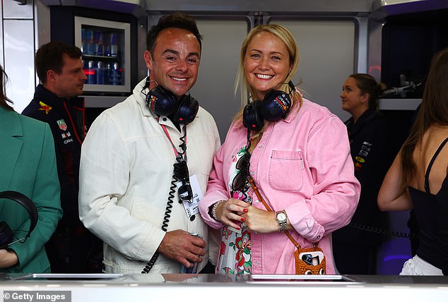 Rumors have been circulating for months that Ant and his wife Anne-Marie, 46, are expecting their first child together (pictured together at the Silverstone Circuit for the F1 Grand Prix in July 2023)