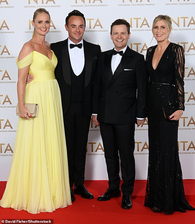 Instead, he was there alone while his on-screen partner Declan Donnelly was joined by his wife Ali Astall and their two children, Isla, five, and Jack, one (pictured by Anne-Marie, Ant, Dec and Ali in 2021)