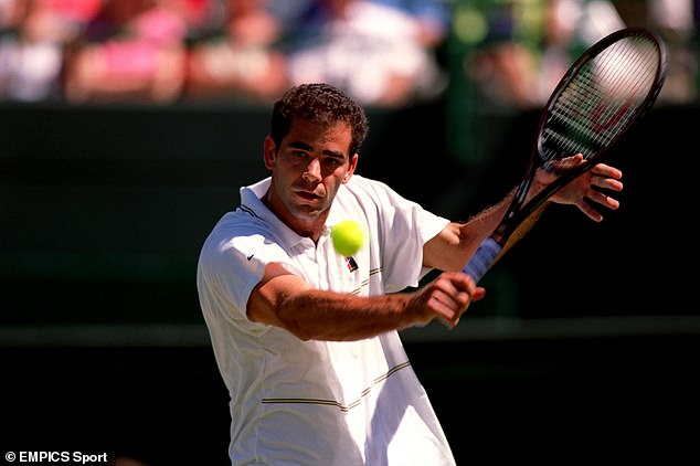 American tennis legend Sampras plays a backhand during his heyday in the 1990s