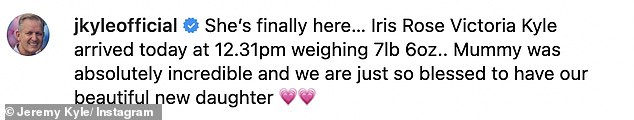 Jeremy has become a father for the sixth time after his wife Vicky gave birth on Friday and revealed their daughter's name is Iris Rose Victoria Kyle.