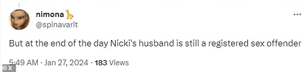 @spinavarit replied, “But at the end of the day, Nicki's husband is still a registered sex offender.”