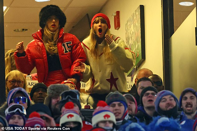 Taylor Swift (right) and Brittany Mahomes react after Kansas City Chiefs' Travis Kelce (not pictured) scores a touchdown in the 2024 AFC Divisional Round against the Bills