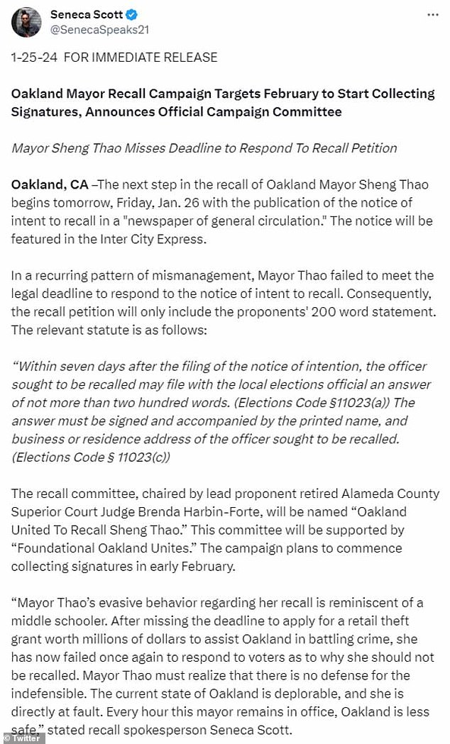 A group pushing to recall the mayor released a statement, saying, 