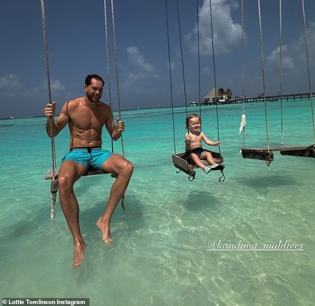 Her little yellow two-piece left almost nothing to the imagination as she frolicked on the sand while father and son sat on swings and paddled in the water