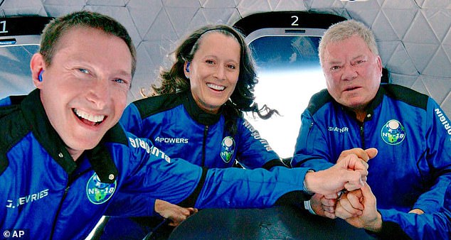 Wiliam Shatner in soap: the star, right, with Blue Origin crew in 2021