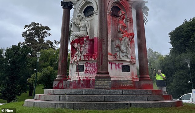 The 117-year-old monument in Queen Victoria Gardens in Melbourne's CBD was also splashed with red paint