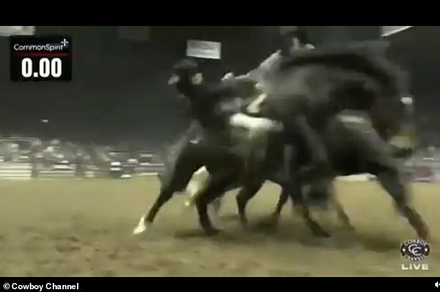 The terrifying ordeal was streamed live during the rodeo when Broderson slid off the horse