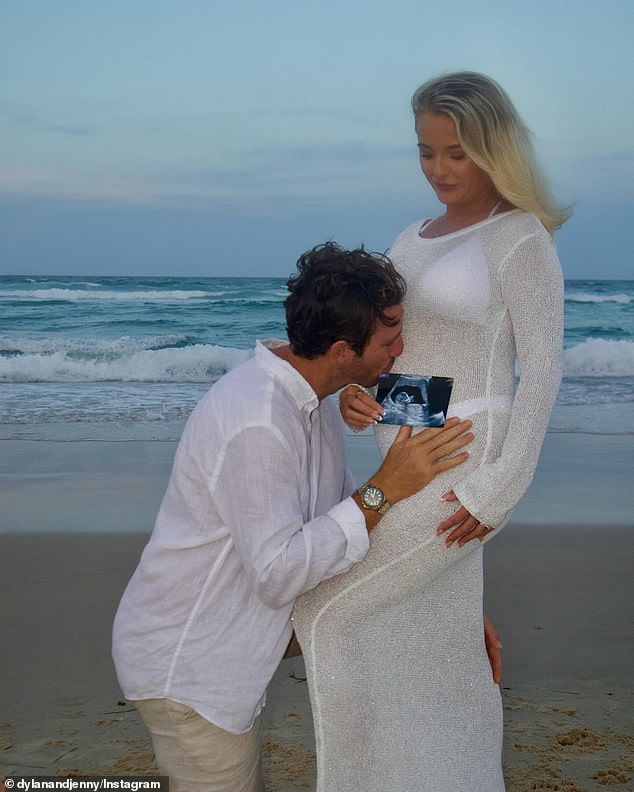 The Block favorites shared the good news in a joint post on Instagram on Sunday, along with a series of photos.  In one photo, Dylan cradled Jenny's growing bump, while in another he knelt down to kiss him