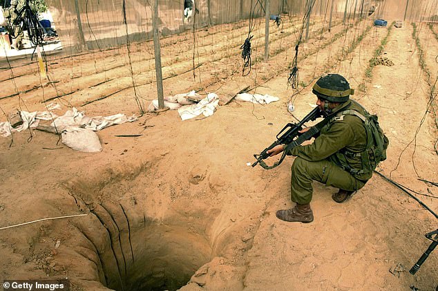 Israel has struggled to destroy the tunnels because they are extremely difficult to detect from the air (file image: An IDF officer inspects a tunnel in Gaza)