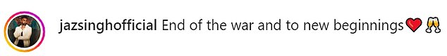 Elsewhere, Jaz posed for a photo with his fiancée Harneet Kaurl, Harry and his girlfriend Anna Maynard, writing on social media: 'End of the war and a new beginning'